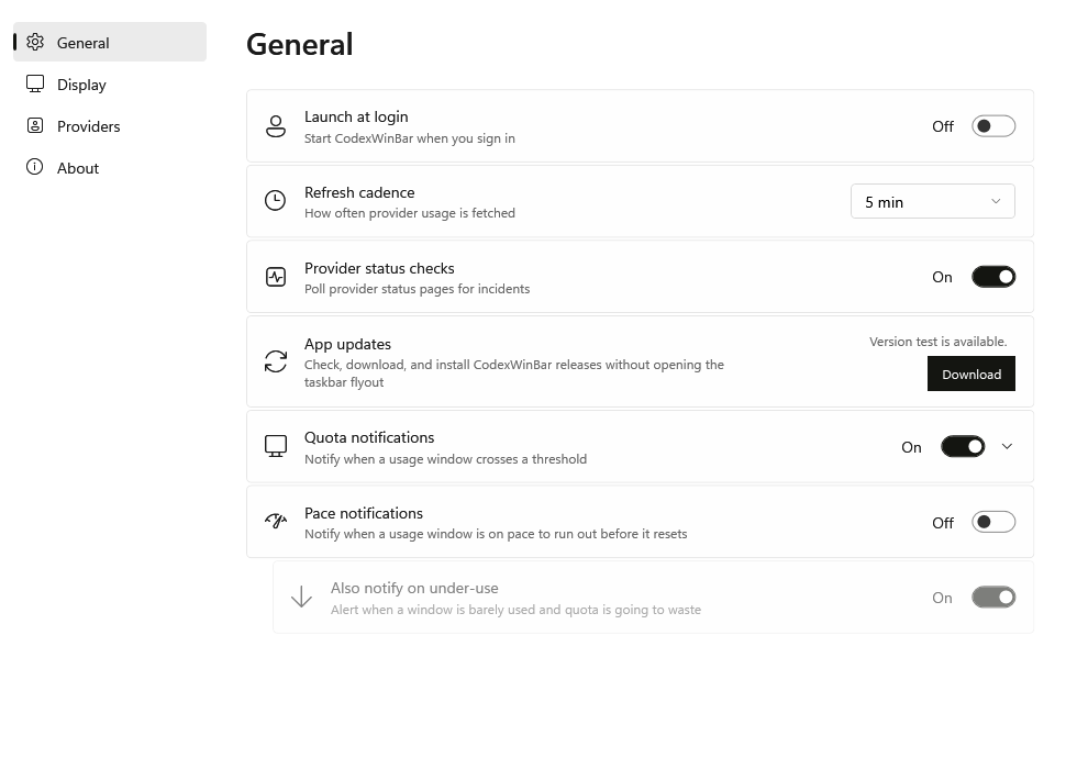 CodexWinBar General settings with launch, refresh, provider checks, updates, quota and pace notifications